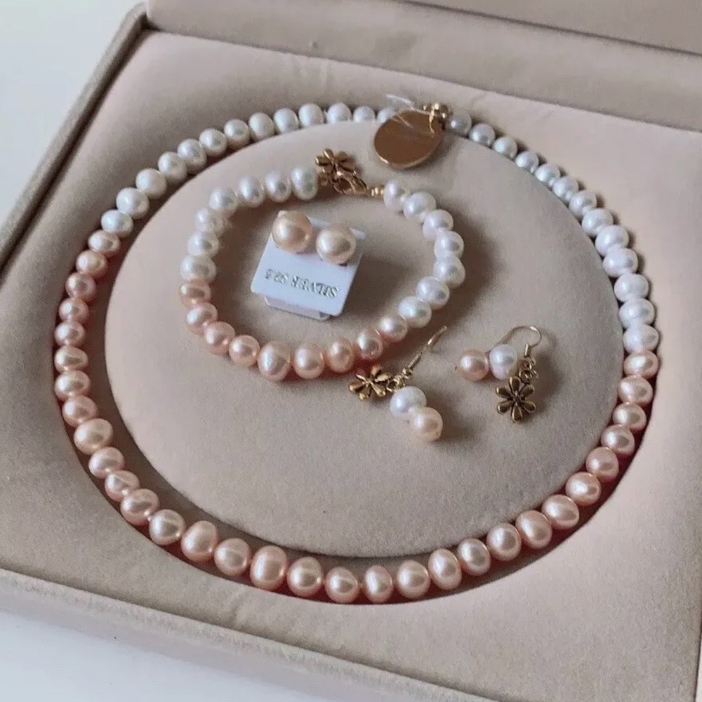 NA*PRAWDE genuine pearl necklace set Potato Shape 8mm AAA Grade - Picture 5 of 7